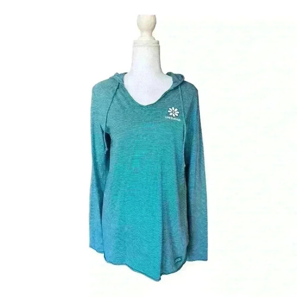 LIFE IS GOOD NWT DAISY LONG SLEEVE CRUSHER-LITE STRIPED HOODED TEE TEAL SMALL - Picture 1 of 9